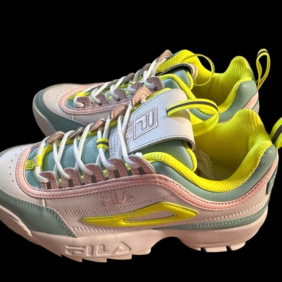 New, Fila Disruptor II Premium (Big Kid) White/Safety Yellow/Blue, Size 6 - Picture 2 of 14